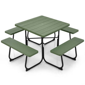 8 Person Square Picnic Table and Bench Set, Outdoor HDPE Patio Dining Set with Umbrella Hole & Metal Frame, 2000lbs Capacity for Backyard