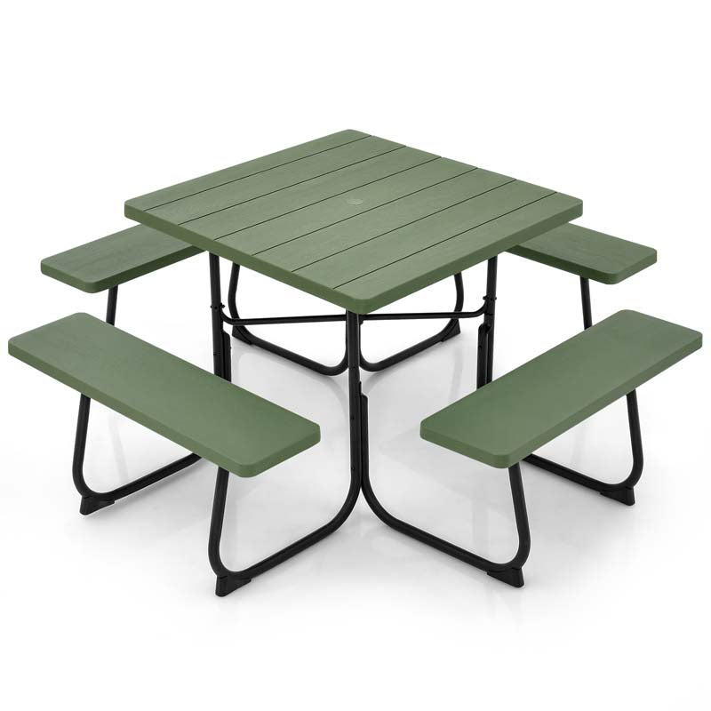 8 Person Square Picnic Table and Bench Set, Outdoor HDPE Patio Dining Set with Umbrella Hole & Metal Frame, 2000lbs Capacity for Backyard