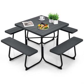 8 Person Square Picnic Table and Bench Set, Outdoor HDPE Patio Dining Set with Umbrella Hole & Metal Frame, 2000lbs Capacity for Backyard