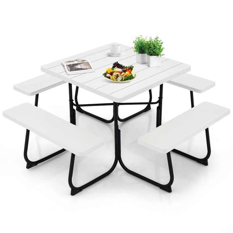8 Person Square Picnic Table and Bench Set, Outdoor HDPE Patio Dining Set with Umbrella Hole & Metal Frame, 2000lbs Capacity for Backyard