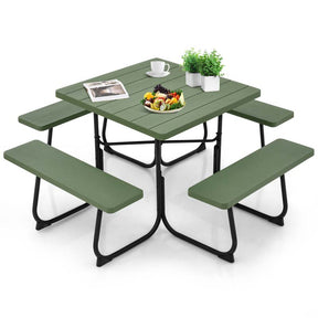 8 Person Square Picnic Table and Bench Set, Outdoor HDPE Patio Dining Set with Umbrella Hole & Metal Frame, 2000lbs Capacity for Backyard