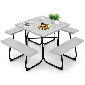 8 Person Square Picnic Table and Bench Set, Outdoor HDPE Patio Dining Set with Umbrella Hole & Metal Frame, 2000lbs Capacity for Backyard