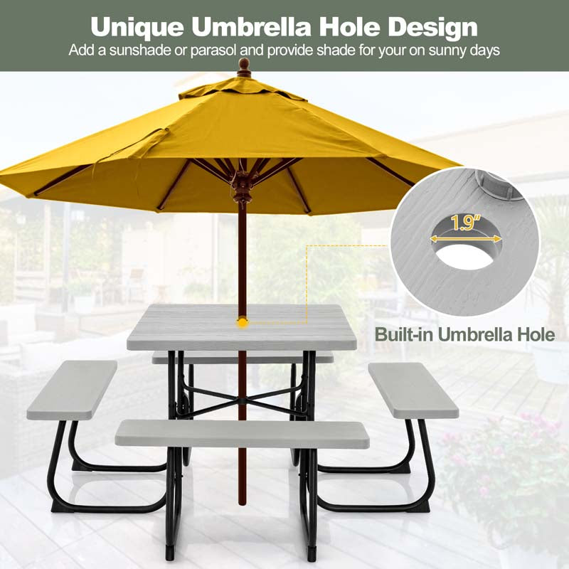 8 Person Square Picnic Table and Bench Set, Outdoor HDPE Patio Dining Set with Umbrella Hole & Metal Frame, 2000lbs Capacity for Backyard