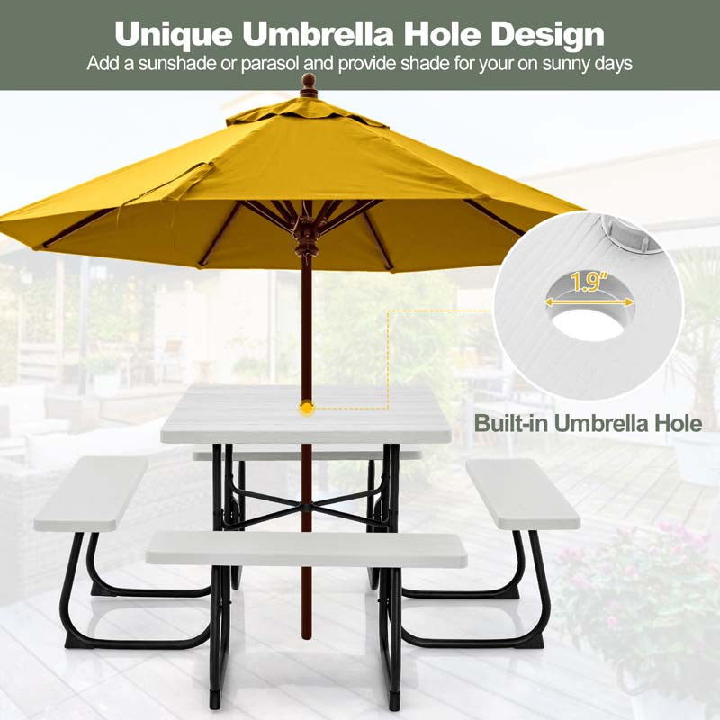 8 Person Square Picnic Table and Bench Set, Outdoor HDPE Patio Dining Set with Umbrella Hole & Metal Frame, 2000lbs Capacity for Backyard