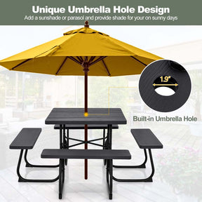 8 Person Square Picnic Table and Bench Set, Outdoor HDPE Patio Dining Set with Umbrella Hole & Metal Frame, 2000lbs Capacity for Backyard