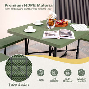 8 Person Square Picnic Table and Bench Set, Outdoor HDPE Patio Dining Set with Umbrella Hole & Metal Frame, 2000lbs Capacity for Backyard