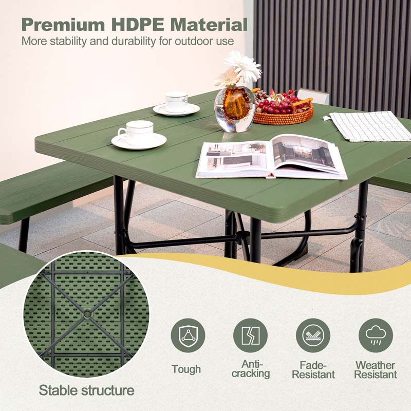 8 Person Square Picnic Table and Bench Set, Outdoor HDPE Patio Dining Set with Umbrella Hole & Metal Frame, 2000lbs Capacity for Backyard