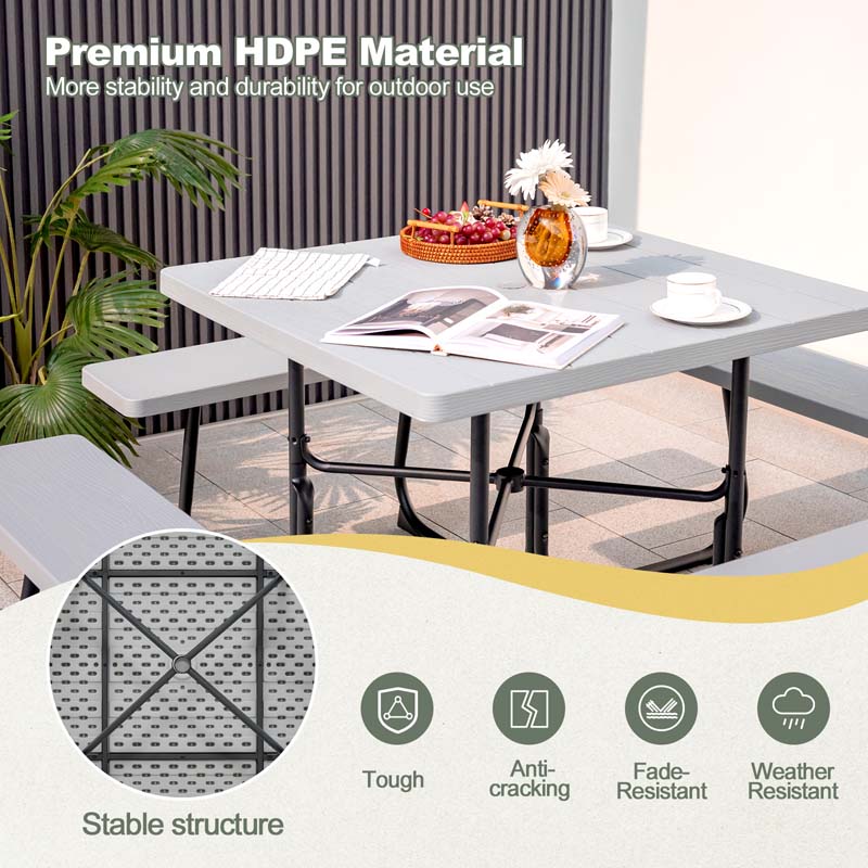 8 Person Square Picnic Table and Bench Set, Outdoor HDPE Patio Dining Set with Umbrella Hole & Metal Frame, 2000lbs Capacity for Backyard