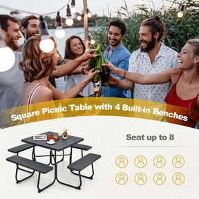 8 Person Square Picnic Table and Bench Set, Outdoor HDPE Patio Dining Set with Umbrella Hole & Metal Frame, 2000lbs Capacity for Backyard