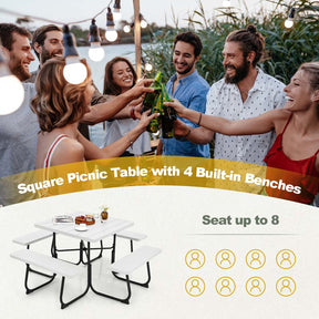 8 Person Square Picnic Table and Bench Set, Outdoor HDPE Patio Dining Set with Umbrella Hole & Metal Frame, 2000lbs Capacity for Backyard