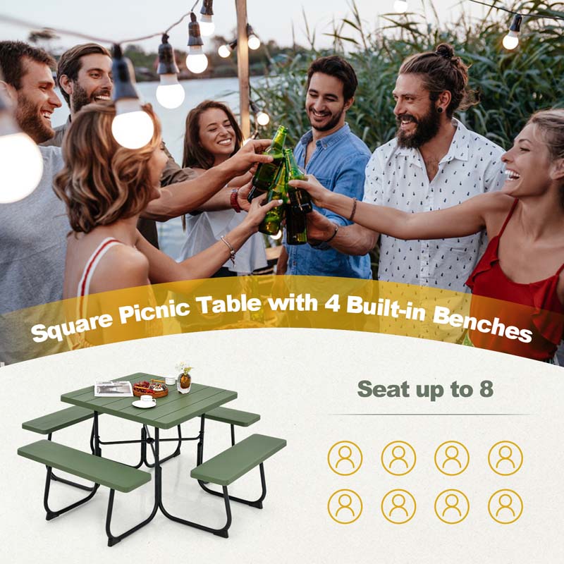 8 Person Square Picnic Table and Bench Set, Outdoor HDPE Patio Dining Set with Umbrella Hole & Metal Frame, 2000lbs Capacity for Backyard