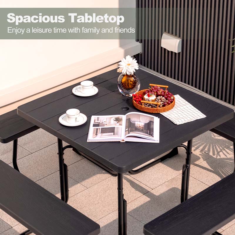 8 Person Square Picnic Table and Bench Set, Outdoor HDPE Patio Dining Set with Umbrella Hole & Metal Frame, 2000lbs Capacity for Backyard