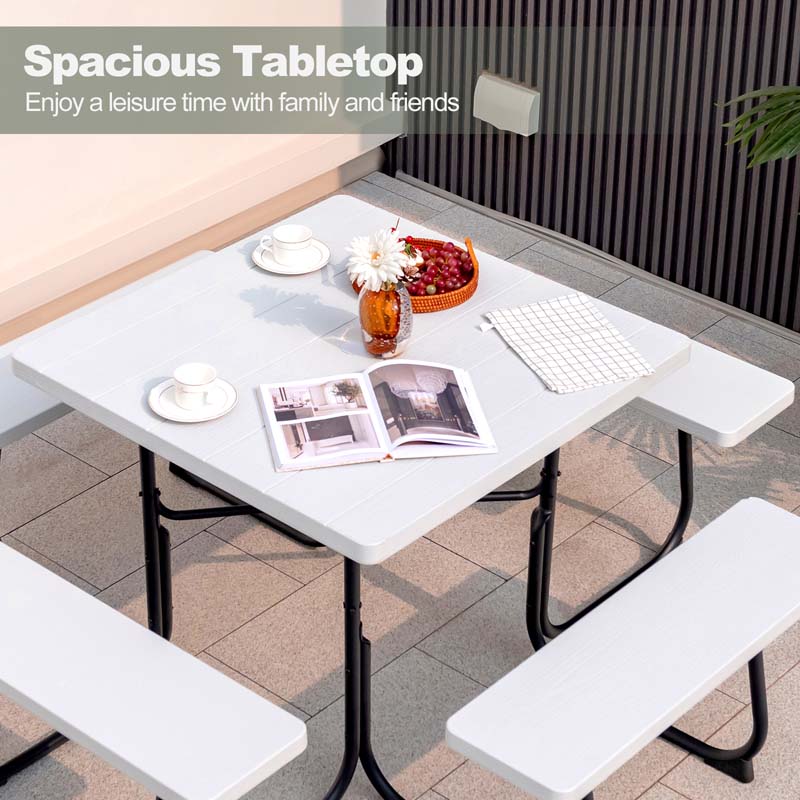 8 Person Square Picnic Table and Bench Set, Outdoor HDPE Patio Dining Set with Umbrella Hole & Metal Frame, 2000lbs Capacity for Backyard
