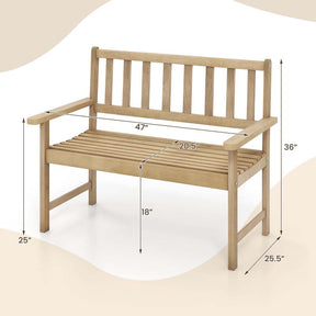 47"W Outdoor Teak Wood 2-Person Patio Garden Bench with Slatted Seat, Backrest and Armrests