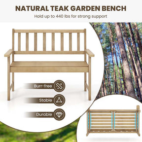47"W Outdoor Teak Wood 2-Person Patio Garden Bench with Slatted Seat, Backrest and Armrests