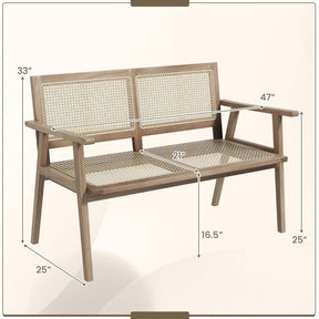 47"W Outdoor Rattan Teak Wood 2-Person Patio Garden Bench with Armrests Backrest
