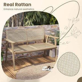 47"W Outdoor Rattan Teak Wood 2-Person Patio Garden Bench with Armrests Backrest