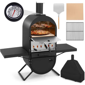 2-Layer Wood Fired Pizza Oven, Outdoor Pizza Maker Stove with Storage Cabinet, Protective Cover, Pizza Stone & Side Tables for Backyard Party Camping