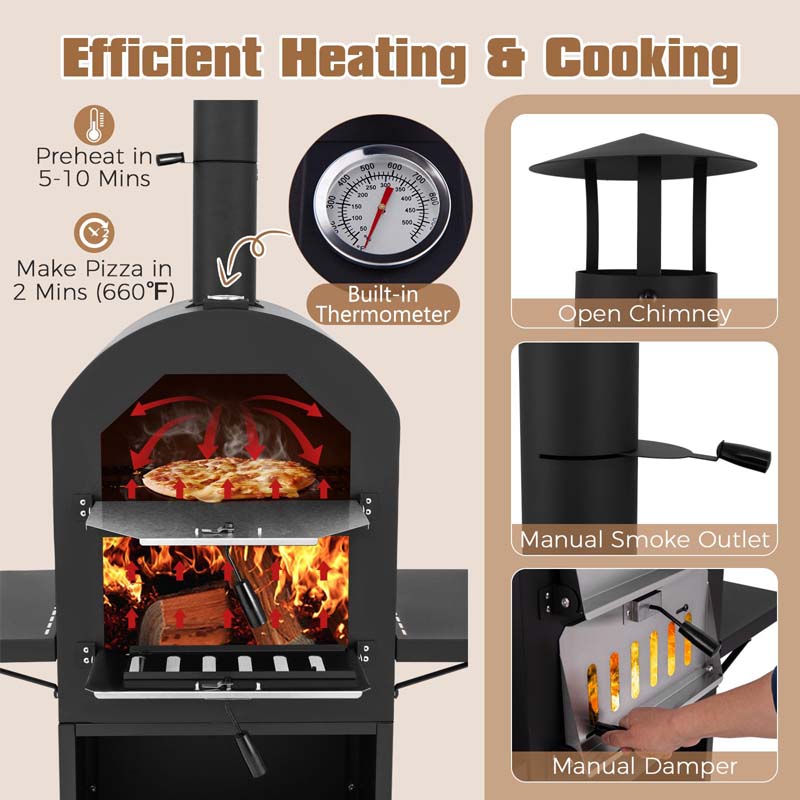 Outdoor Wood Fired Pizza Oven with Firewood Storage, Side Tables, Pizza Stone & Cover, Portable Pizza Maker on Wheels for Outside Charcoal Grill