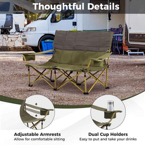 2-Person Folding Loveseat Camping Couch Chair with Cup Holders & Thick Padding, Outdoor Lawn Chair for Beach Picnic Travel