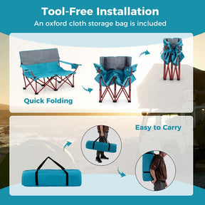 2-Person Folding Loveseat Camping Couch Chair with Cup Holders & Thick Padding, Outdoor Lawn Chair for Beach Picnic Travel