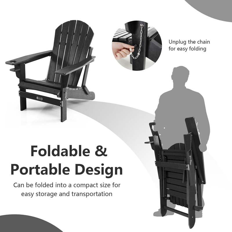All-Weather HDPE Folding Adirondack Chair with Retractable Ottoman & Cup Holder, Outdoor Patio Fire Pit Lounge Chair for Backyard, Poolside