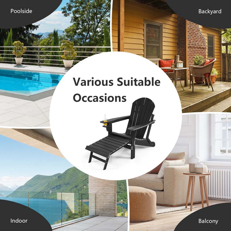 All-Weather HDPE Folding Adirondack Chair with Retractable Ottoman & Cup Holder, Outdoor Patio Fire Pit Lounge Chair for Backyard, Poolside