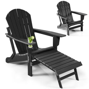 All-Weather HDPE Folding Adirondack Chair with Retractable Ottoman & Cup Holder, Outdoor Patio Fire Pit Lounge Chair for Backyard, Poolside