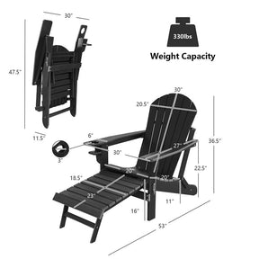 All-Weather HDPE Folding Adirondack Chair with Retractable Ottoman & Cup Holder, Outdoor Patio Fire Pit Lounge Chair for Backyard, Poolside