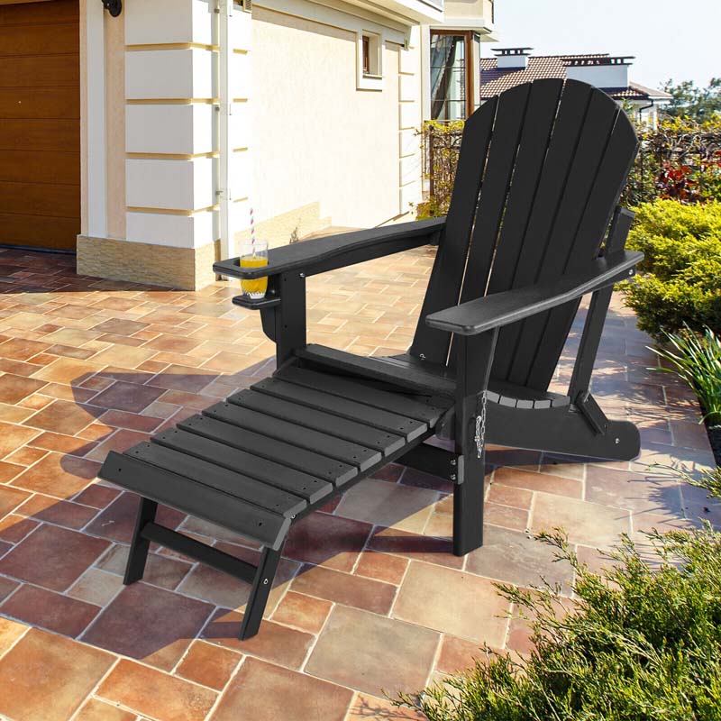 All-Weather HDPE Folding Adirondack Chair with Retractable Ottoman & Cup Holder, Outdoor Patio Fire Pit Lounge Chair for Backyard, Poolside