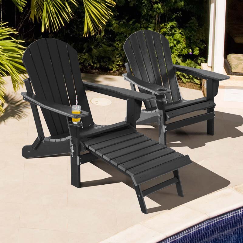 All-Weather HDPE Folding Adirondack Chair with Retractable Ottoman & Cup Holder, Outdoor Patio Fire Pit Lounge Chair for Backyard, Poolside