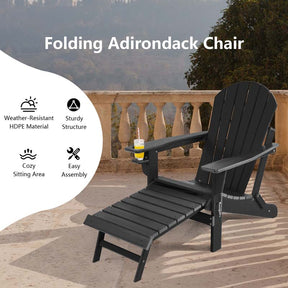 All-Weather HDPE Folding Adirondack Chair with Retractable Ottoman & Cup Holder, Outdoor Patio Fire Pit Lounge Chair for Backyard, Poolside
