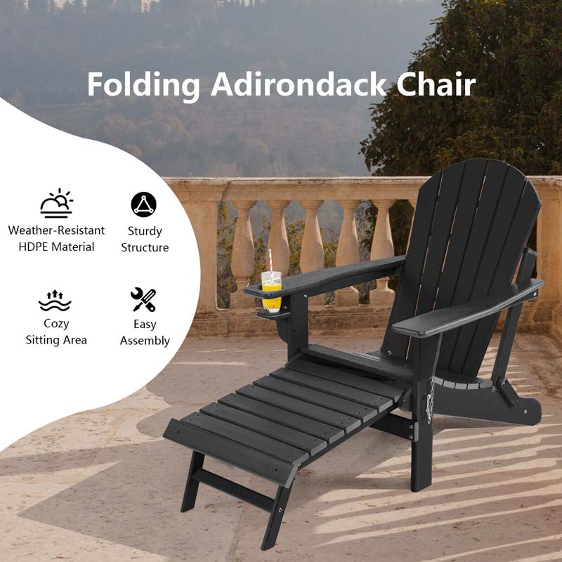 All-Weather HDPE Folding Adirondack Chair with Retractable Ottoman & Cup Holder, Outdoor Patio Fire Pit Lounge Chair for Backyard, Poolside