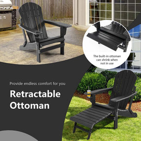 All-Weather HDPE Folding Adirondack Chair with Retractable Ottoman & Cup Holder, Outdoor Patio Fire Pit Lounge Chair for Backyard, Poolside