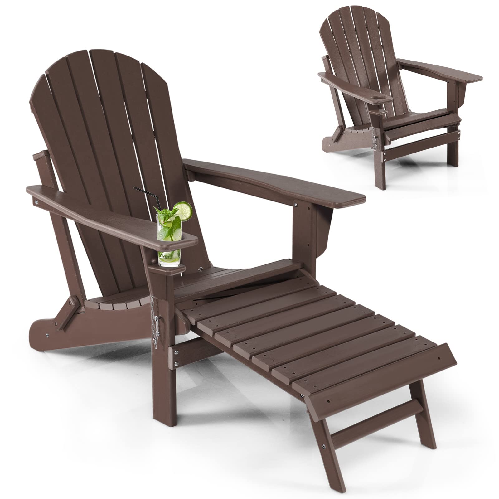 All-Weather HDPE Folding Adirondack Chair with Retractable Ottoman & Cup Holder, Outdoor Patio Fire Pit Lounge Chair for Backyard, Poolside
