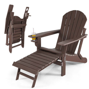 All-Weather HDPE Folding Adirondack Chair with Retractable Ottoman & Cup Holder, Outdoor Patio Fire Pit Lounge Chair for Backyard, Poolside