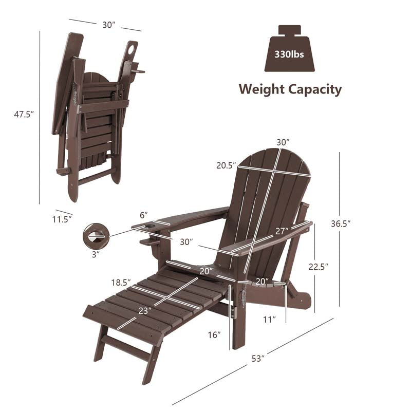 All-Weather HDPE Folding Adirondack Chair with Retractable Ottoman & Cup Holder, Outdoor Patio Fire Pit Lounge Chair for Backyard, Poolside