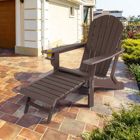 All-Weather HDPE Folding Adirondack Chair with Retractable Ottoman & Cup Holder, Outdoor Patio Fire Pit Lounge Chair for Backyard, Poolside