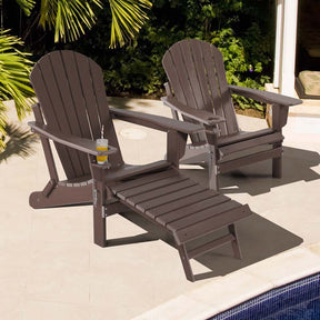All-Weather HDPE Folding Adirondack Chair with Retractable Ottoman & Cup Holder, Outdoor Patio Fire Pit Lounge Chair for Backyard, Poolside