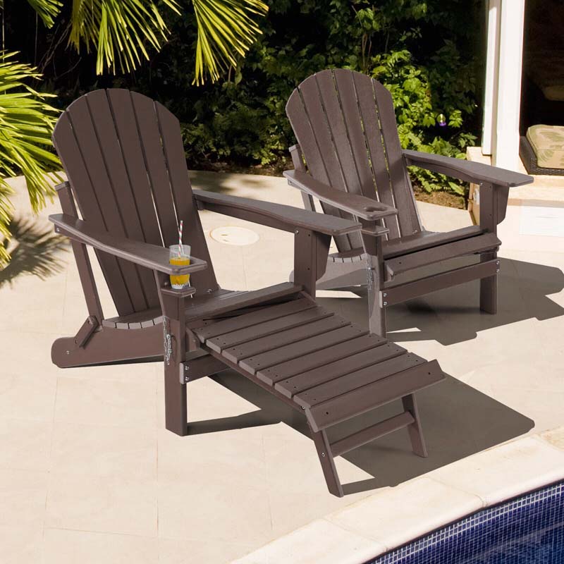 All-Weather HDPE Folding Adirondack Chair with Retractable Ottoman & Cup Holder, Outdoor Patio Fire Pit Lounge Chair for Backyard, Poolside