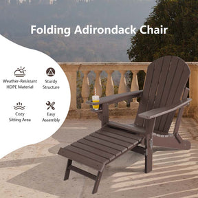 All-Weather HDPE Folding Adirondack Chair with Retractable Ottoman & Cup Holder, Outdoor Patio Fire Pit Lounge Chair for Backyard, Poolside