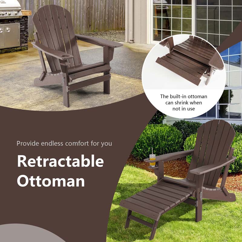 All-Weather HDPE Folding Adirondack Chair with Retractable Ottoman & Cup Holder, Outdoor Patio Fire Pit Lounge Chair for Backyard, Poolside