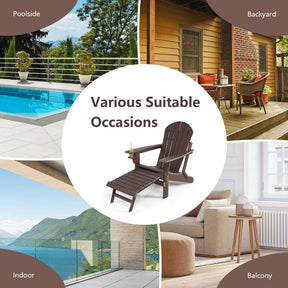 All-Weather HDPE Folding Adirondack Chair with Retractable Ottoman & Cup Holder, Outdoor Patio Fire Pit Lounge Chair for Backyard, Poolside
