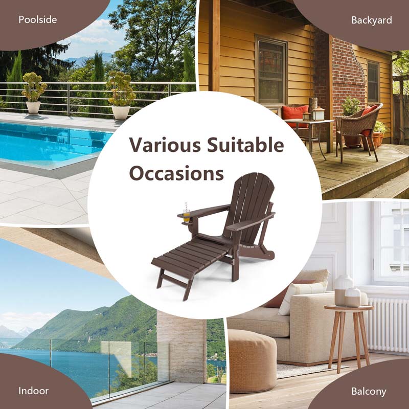 All-Weather HDPE Folding Adirondack Chair with Retractable Ottoman & Cup Holder, Outdoor Patio Fire Pit Lounge Chair for Backyard, Poolside