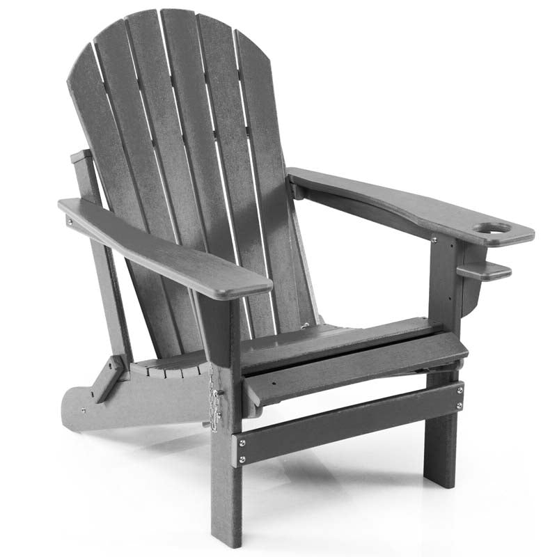 All-Weather HDPE Folding Adirondack Chair with Retractable Ottoman & Cup Holder, Outdoor Patio Fire Pit Lounge Chair for Backyard, Poolside