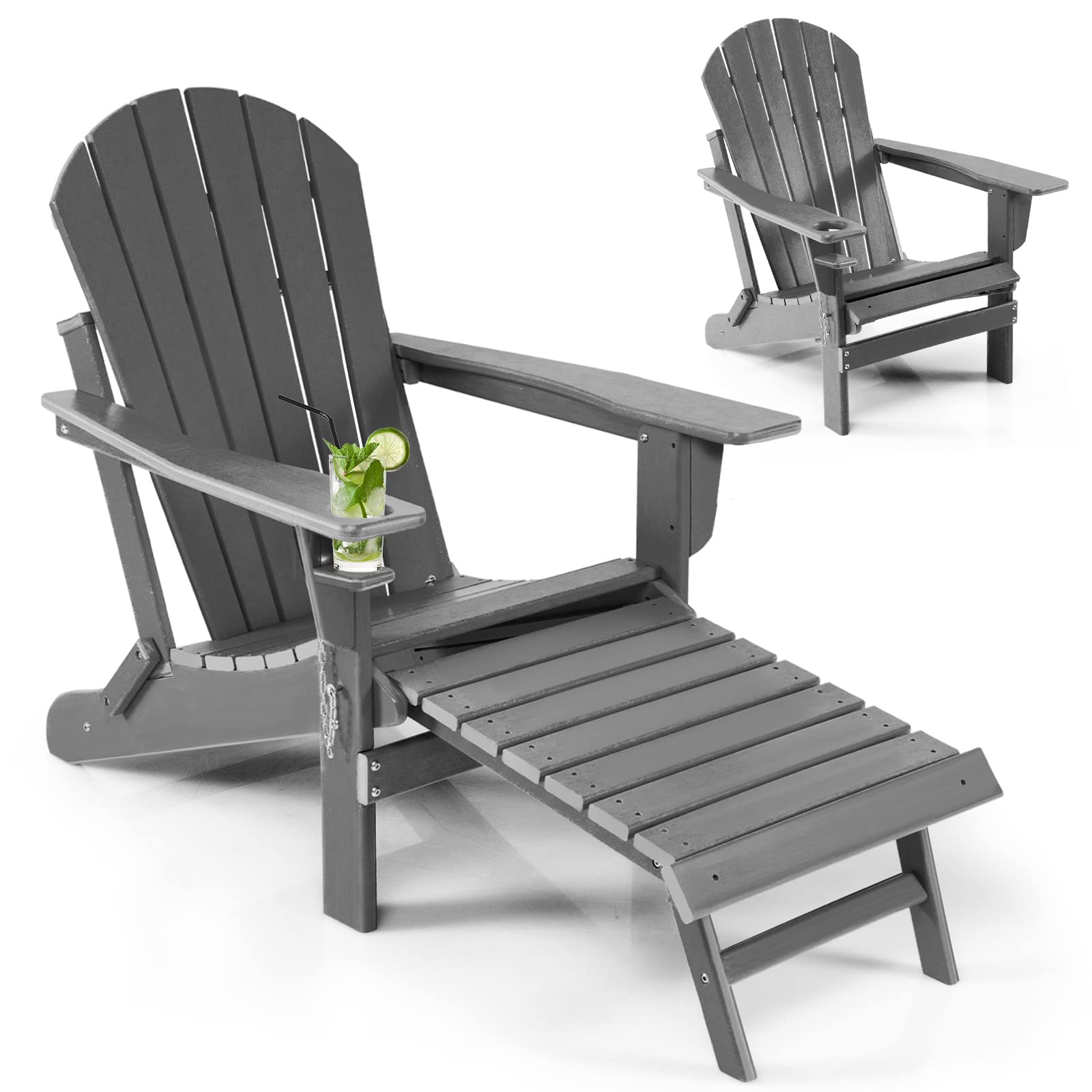 All-Weather HDPE Folding Adirondack Chair with Retractable Ottoman & Cup Holder, Outdoor Patio Fire Pit Lounge Chair for Backyard, Poolside