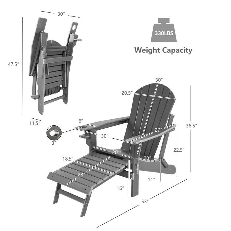 All-Weather HDPE Folding Adirondack Chair with Retractable Ottoman & Cup Holder, Outdoor Patio Fire Pit Lounge Chair for Backyard, Poolside