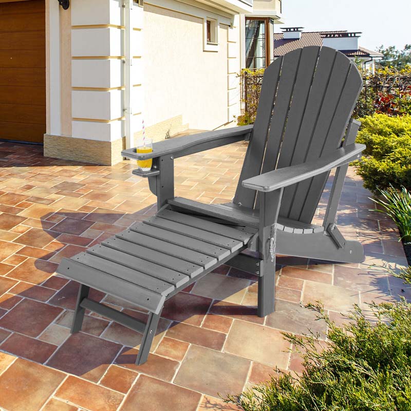 All-Weather HDPE Folding Adirondack Chair with Retractable Ottoman & Cup Holder, Outdoor Patio Fire Pit Lounge Chair for Backyard, Poolside