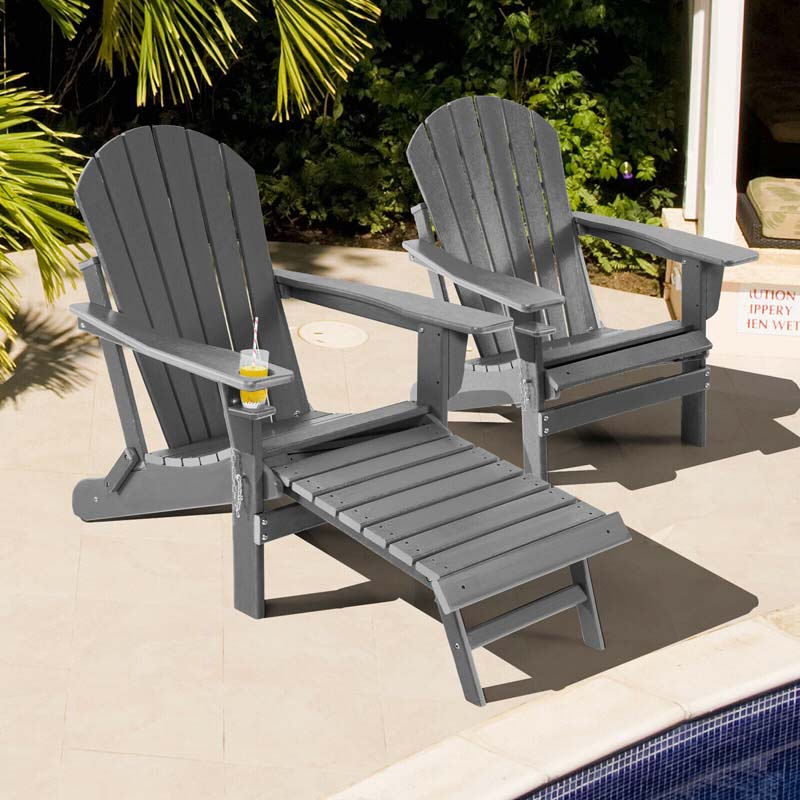 All-Weather HDPE Folding Adirondack Chair with Retractable Ottoman & Cup Holder, Outdoor Patio Fire Pit Lounge Chair for Backyard, Poolside