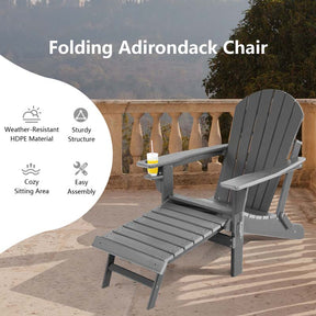 All-Weather HDPE Folding Adirondack Chair with Retractable Ottoman & Cup Holder, Outdoor Patio Fire Pit Lounge Chair for Backyard, Poolside